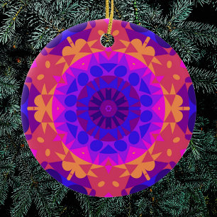 Retro Mandala Blume Blue Pink und Orange Keramik Ornament