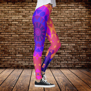 Retro Mandala Blume Blue Pink und Orange Leggings