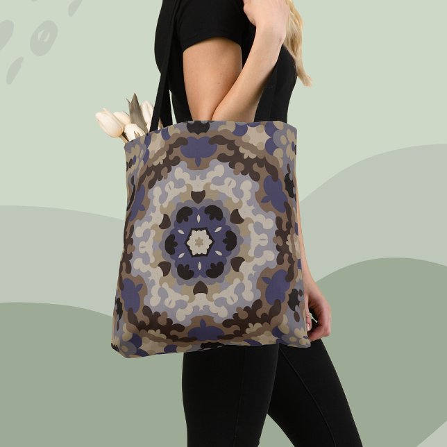 Retro Mandala Blume Blue Tan and Brown Tasche (Von Creator hochgeladen)