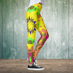 Retro Mandala Blume Gelb Orange Grün und Rosa Leggings