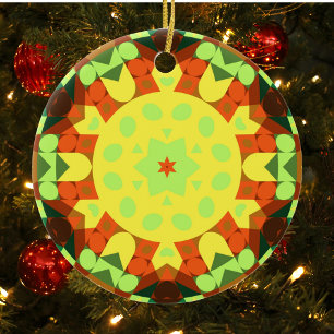 Retro Mandala Blume Gelb Orange und Grün Keramik Ornament