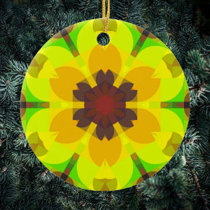 Retro Mandala Blume Gelb Orange und Grün Keramik Ornament