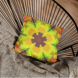 Retro Mandala Blume Gelb Orange und Grün Kissen