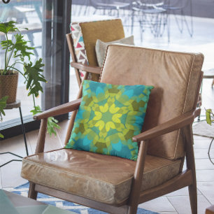 Retro Mandala Blume Grün Gelb und Blau Kissen