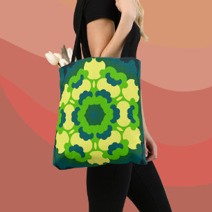 Retro Mandala Blume Grün Gelb und Blau Tasche