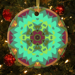 Retro-Mandala-Blume Grün Lila und Orange Keramik Ornament