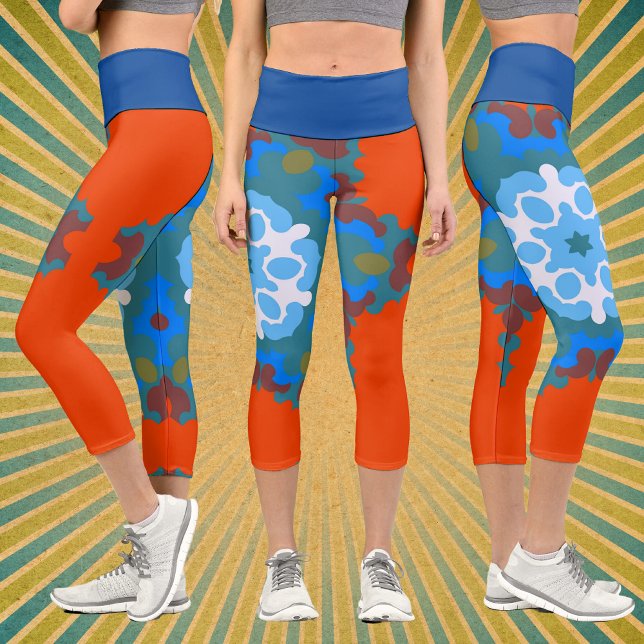 Retro Mandala Blume Orange White und Blue Capri Leggings (Von Creator hochgeladen)