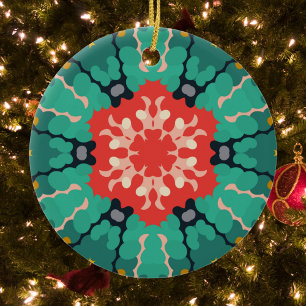 Retro Mandala Blume Rot Blau und Gelb Keramik Ornament