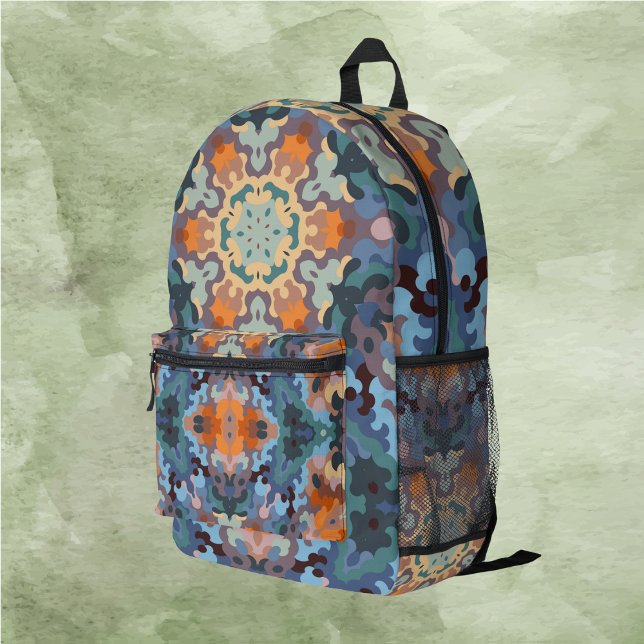 Retro Mandala Orange Blue und Yellow Bedruckter Rucksack (Von Creator hochgeladen)