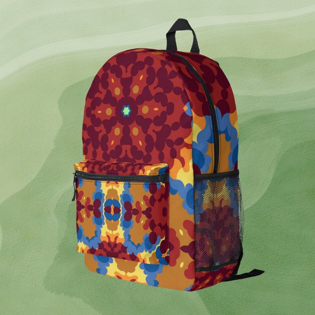 Retro Mandala Red Blue und Yellow Bedruckter Rucksack (Von Creator hochgeladen)