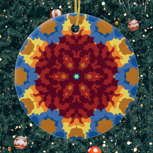 Retro Mandala Red Blue und Yellow Keramik Ornament (Red Blue and Yellow Retro Mandala Ornament by Wormhole Orbital)