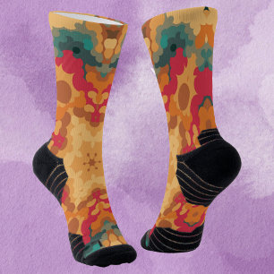 Retro Mandala Rot Gelb und Blau Socken