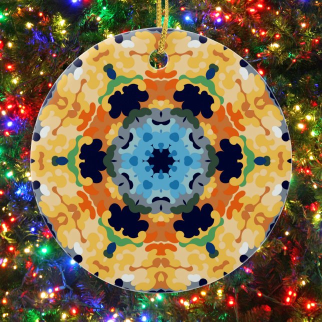 Retro Mandala Yellow Blue und Orange Keramik Ornament (Yellow Blue and Orange Retro Mandala Ornament by Wormhole Orbital)