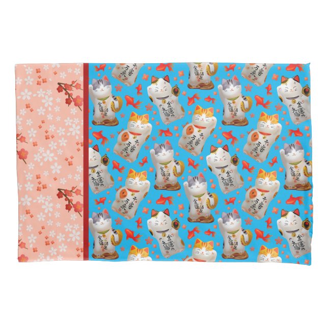 Retro Maneki Neko Japanisch Waving Lucky Cat Koi Kissenbezug (Vorderseite-Links)
