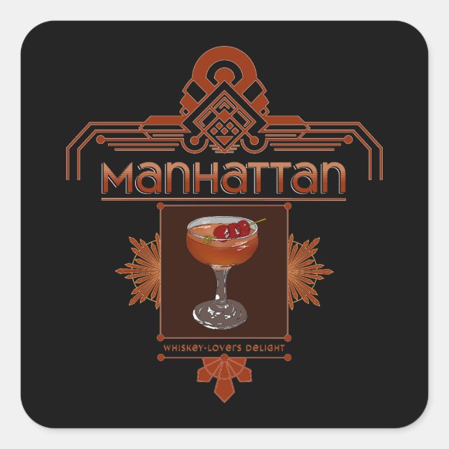 Retro Manhattan Cocktail Illustration Quadratischer Aufkleber (Vorderseite)