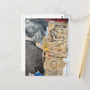 Retro-Mann arbeitet Mixed-Media-Collage Postkarte