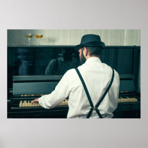 Retro-Mann, der Klavier spielt und raucht Poster