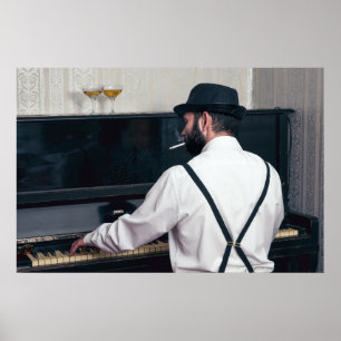 Retro-Mann, der Klavier spielt und raucht Poster