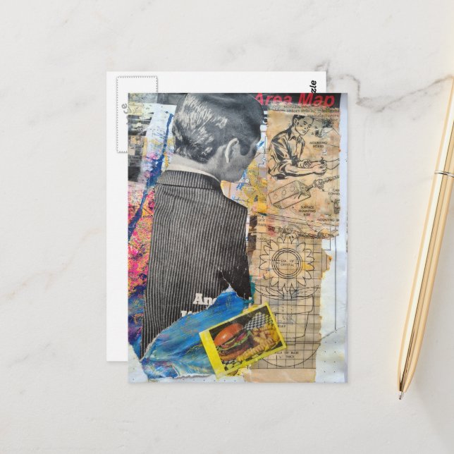 Retro-Mann, der Mixed-Media-Collage arbeitet Postkarte (Vorderseite/Rückseite Beispiel)