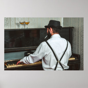 Retro-Mann spielt Klavier und raucht Poster