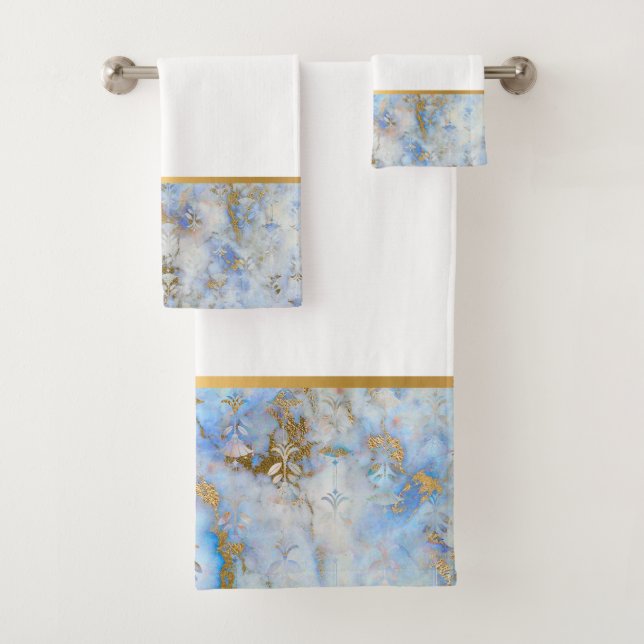 RETRO MARBLE ABSTRAKT BLAU GOLD BADEZIMMER TOWEL S BADHANDTUCH SET (Insitu)