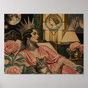 Retro Märchenkönigin und ihre Katze im Bett Poster