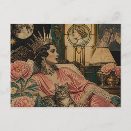 Retro-Märchenkönigin und ihre Katze im Bett Postkarte