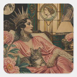 Retro Märchenkönigin und ihre Katze im Bett Quadratischer Aufkleber