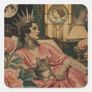 Retro Märchenkönigin und ihre Katze im Bett Quadratischer Aufkleber