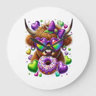 Retro Mardi Gras Png, Highland Kuh Große Wanduhr