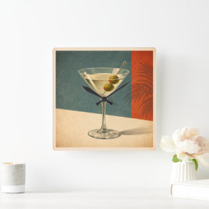 Retro-Martini-Cocktail-Wanduhr Mid Century Bar  Quadratische Wanduhr