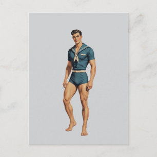 Retro-Matrose in navyblauem Badeanzug Postkarte