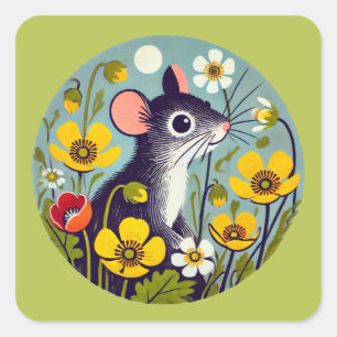 Retro-Maus mit Butterblumen Quadratischer Aufkleber
