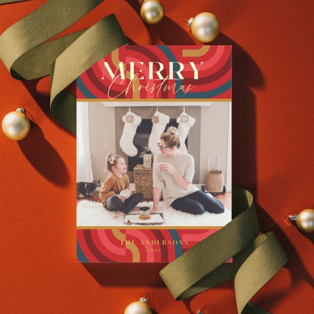 Retro Maximalist Geometric Red Christmas Foto Folieneinladung (Von Creator hochgeladen)