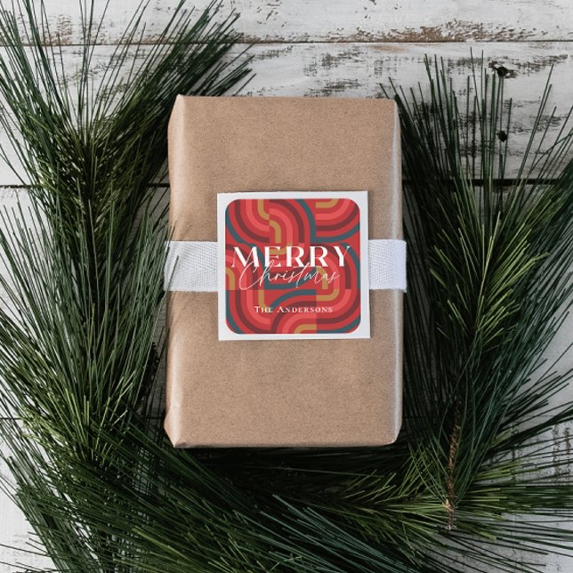 Retro Maximalist Geometric Red Christmas Quadratischer Aufkleber (Von Creator hochgeladen)