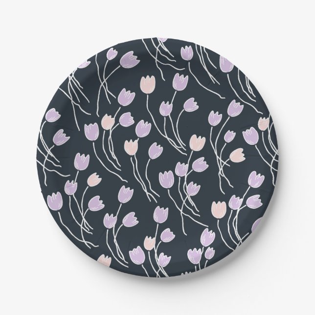 Retro Meadow Sketchy Floral Party Midnight Garden Pappteller (Vorderseite)