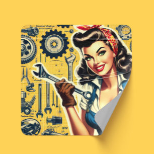Retro-Mechaniker-Pin-up Quadratischer Aufkleber