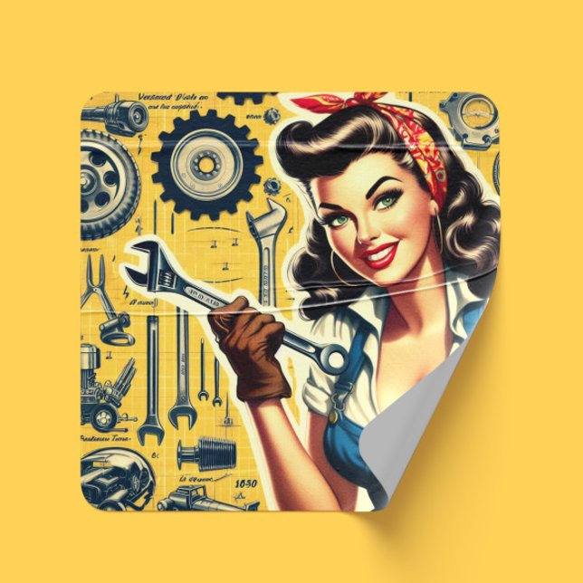 Retro-Mechaniker-Pin-up Quadratischer Aufkleber (Von Creator hochgeladen)