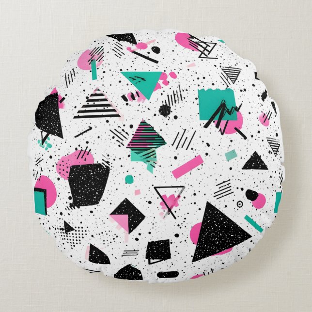 Retro Memphis Geometric Pattern Rundes Kissen (Vorderseite)