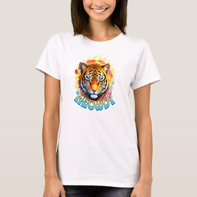 Retro Meowdy Tiger mit Blume T-Shirt (Vorderseite)