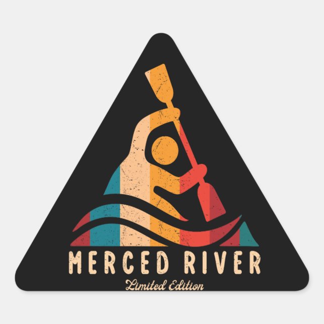 Retro Merced River Kayaking Dreieckiger Aufkleber (Vorderseite)