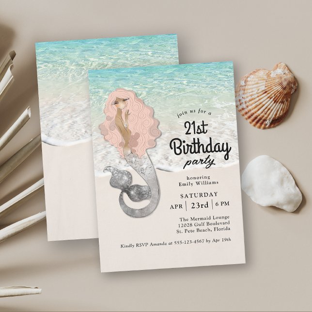 Retro Mermaid Beach Thema 21. Geburtstag Einladung (Celebrate a 21st birthday in retro beach style with this mermaid birthday party invitation.)