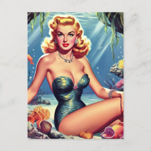 Retro Mermaid Button Up Postkarte