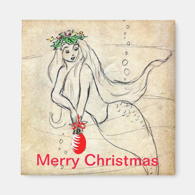 Rétro Mermaid Joyeux Magnet de Noël (Devant)