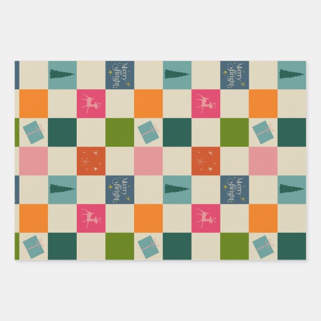 Retro Merry and Bright Christmas Wrapping Paper Geschenkpapier Set (Vorderseite)