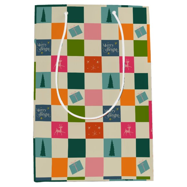 Retro Merry and Bright Christmas Wrapping Paper Mittlere Geschenktüte (Vorderseite)
