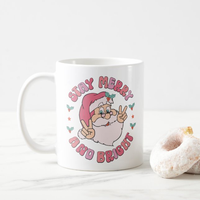 Retro Merry & Bright Weihnachtsmann Kaffeetasse (Mit Donut)