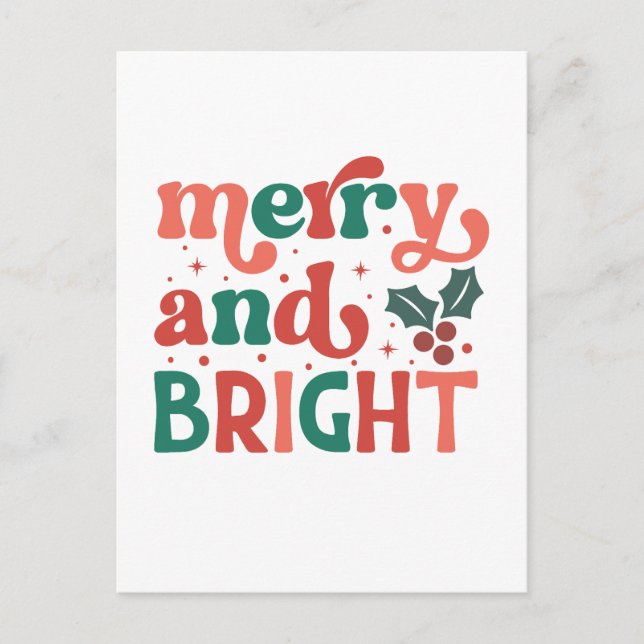 Retro Merry & Bright Weihnachtstypografie Postkarte (Vorderseite)