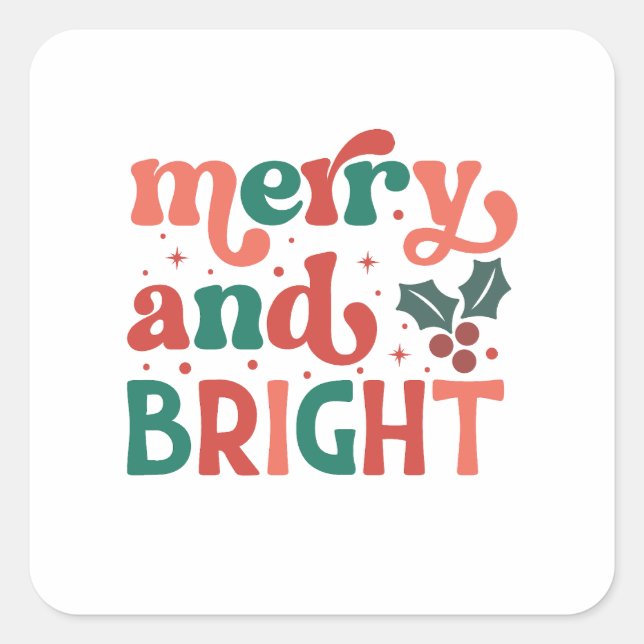 Retro Merry & Bright Weihnachtstypografie Quadratischer Aufkleber (Vorderseite)