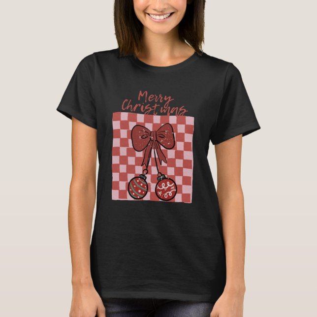 Retro Merry Christmas Bow and Ornaments Design T-Shirt (Vorderseite)